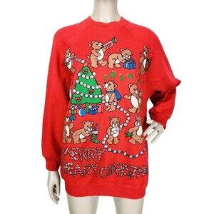 Vintage 90s Merry Beary Christmas Teddy Bear Cute Holiday Sweatshirt OSFM